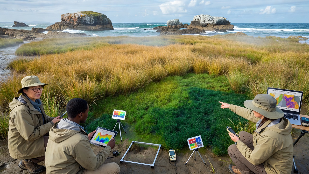 Drone-captured multispectral image highlighting biodiversity hotspots in a sedge marsh with color-coded overlays indicating pigment variation