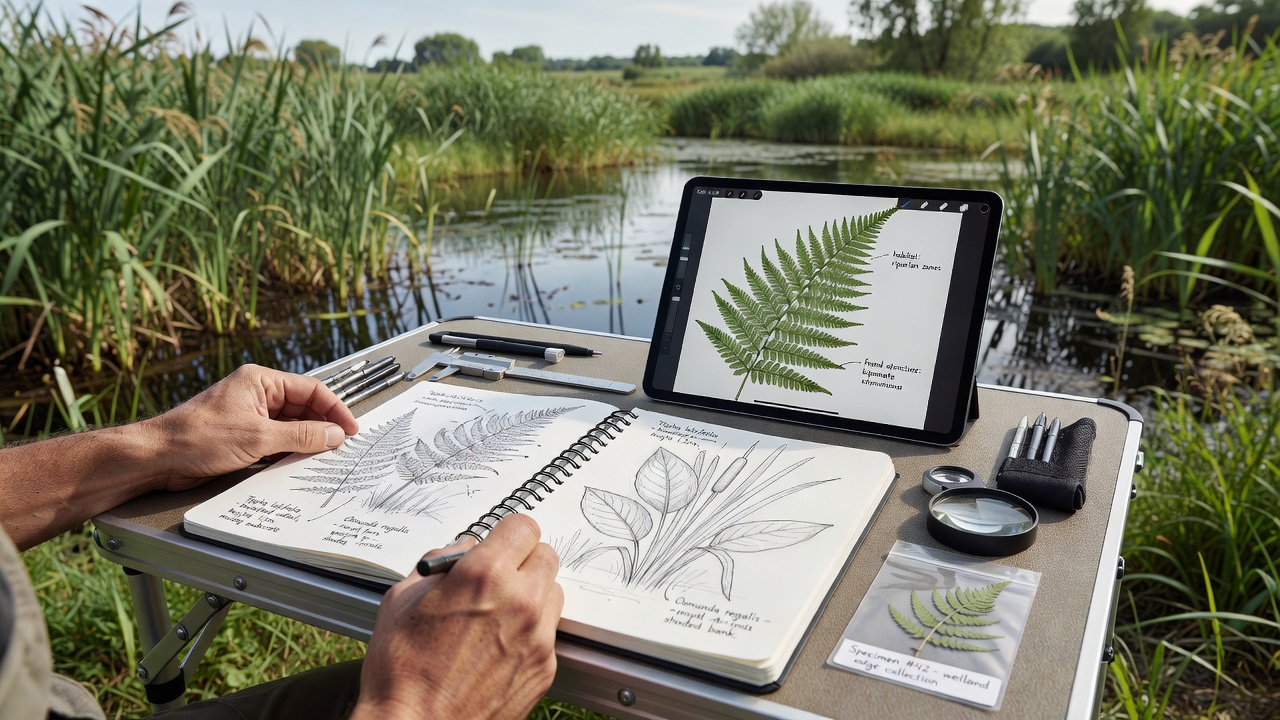 Close-up of detailed hand-sketched wetland plant structures showing leaf ligules and stem cross-sections